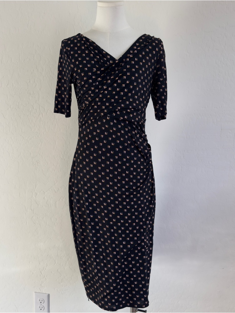 Boden Black Midi Wrap Dress with Pink Dot Print